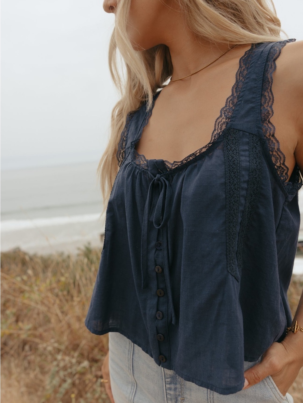 Carly Jean Los Angeles Navy Lace-Trim Button Front Camisole